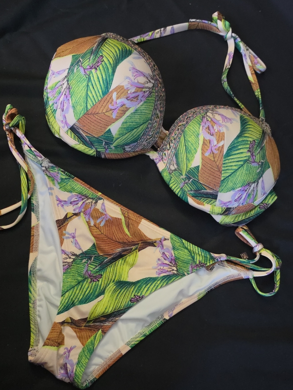 Victoria's Secret Tropical Leaf Print Bikini Set. Push Up Top And String Bottom